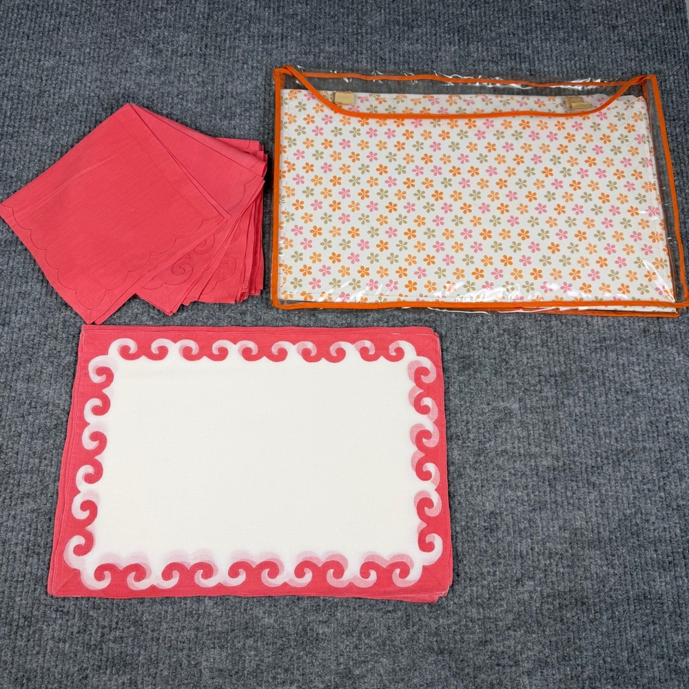 Vtg Table Linens SET 12 Placemats 13 Napkins Pink Applique Scrollwork Embroidery